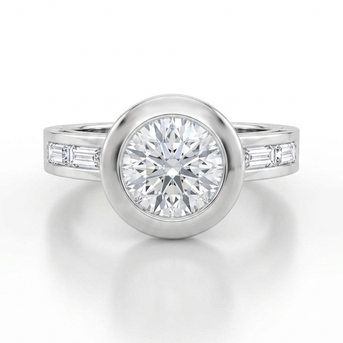Bezel Set Round Brilliant Cut with Channel Set Baguette Diamonds