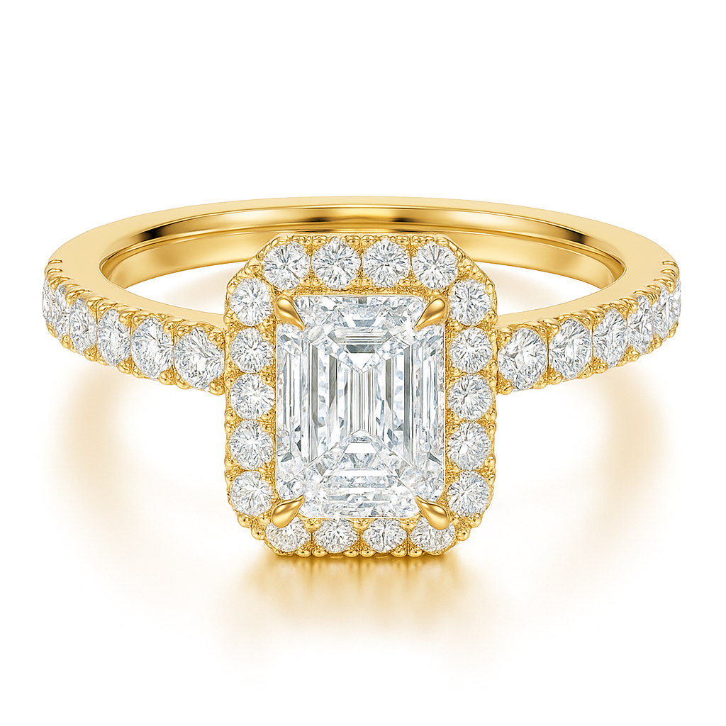 Emerald Cut with Halo with a Hidden Diamond Setting and Solid Shoulder Diamond Band