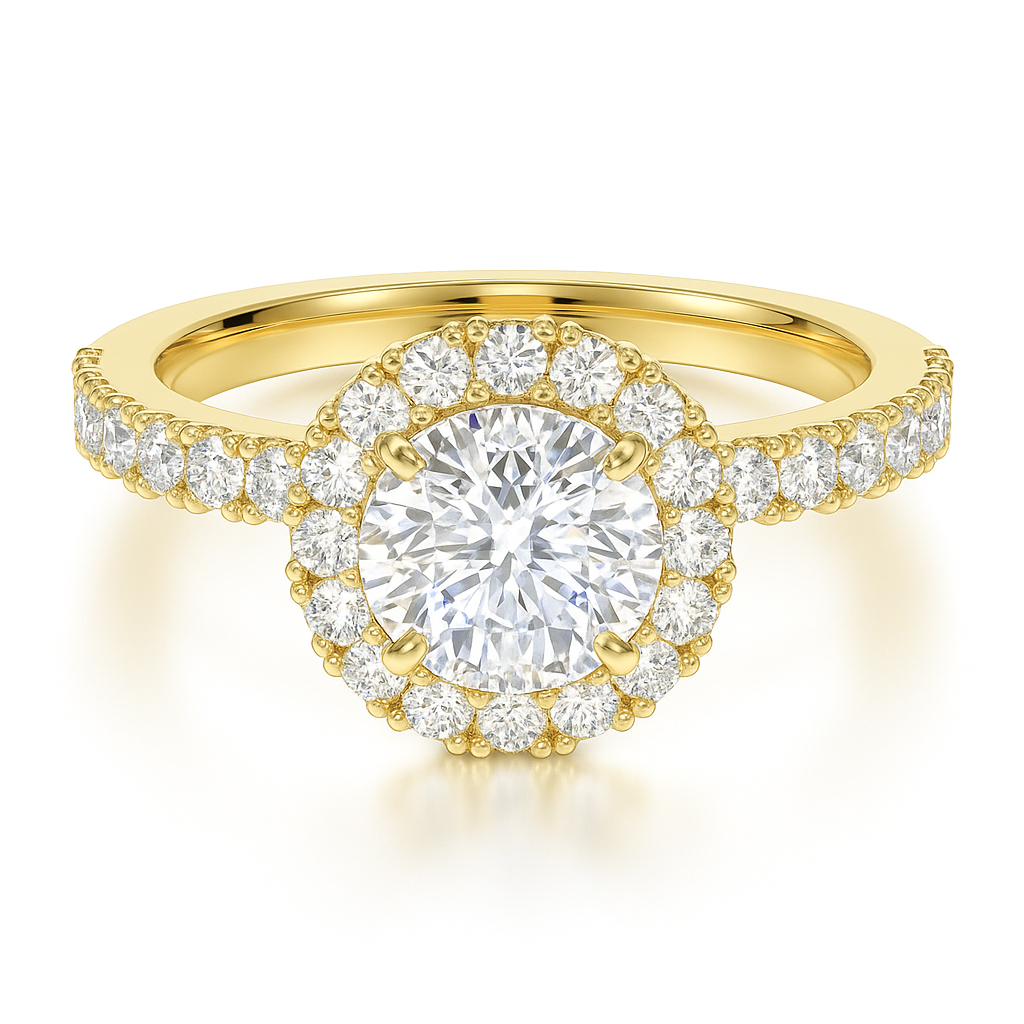Round Brilliant Cut with a Raised Halo Setting on a Solid Shoulder Diamond Band