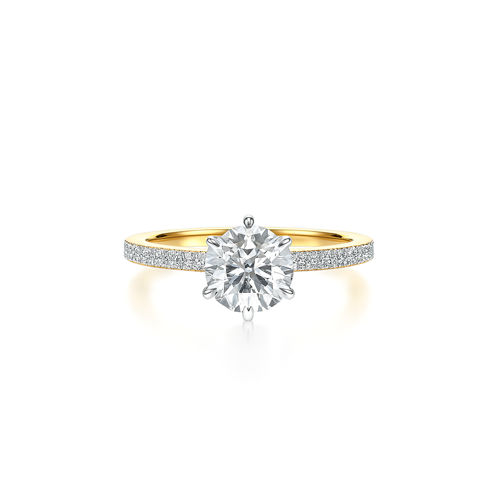 6 Claw Round Brilliant Cut with Raised Setting and Solid Shoulder Diamond Band
