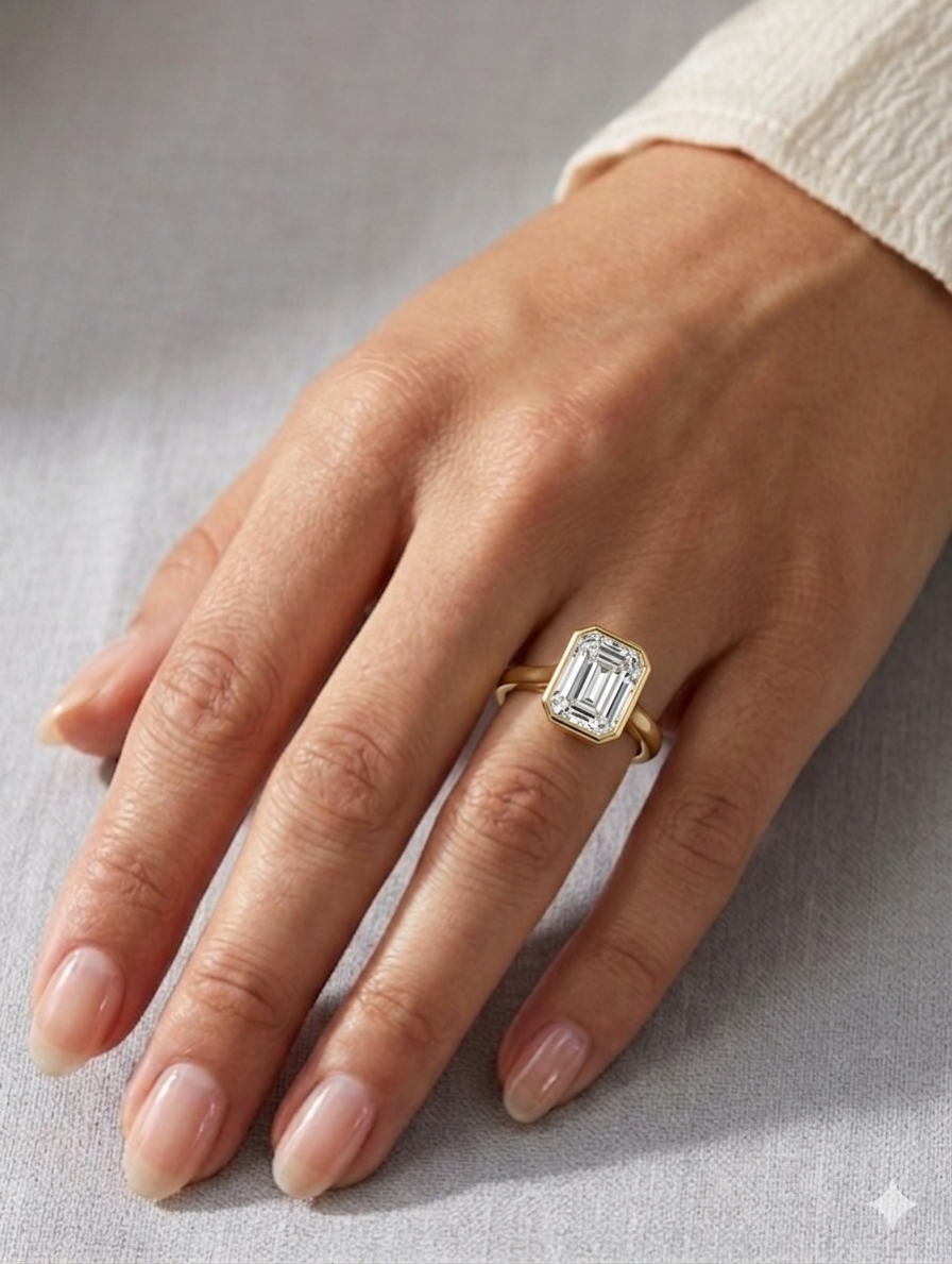 Emerald Cut Bezel Set Solitaire Engagement Ring