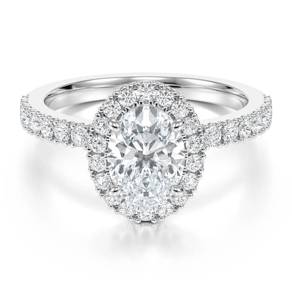 Oval Cut with a Raised Halo Setting on a Solid Shoulder Diamond Band
