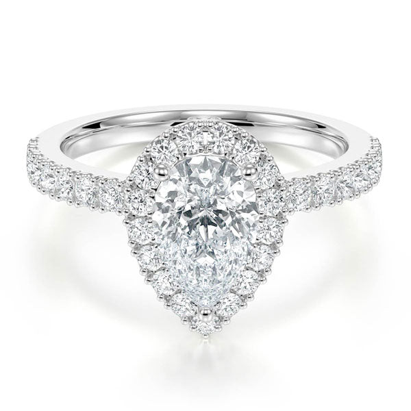 Pear Shape with a Raised Halo Setting on a Solid Shoulder Diamond Band
