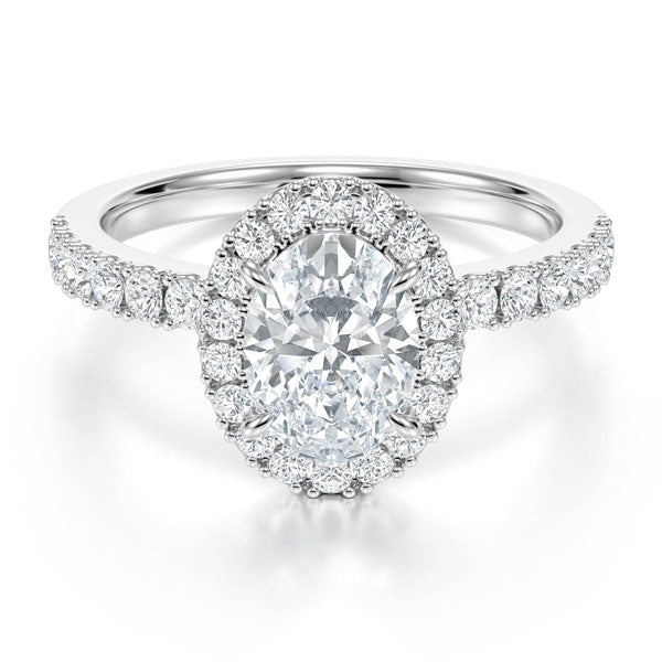 Oval Cut with Halo with a Hidden Diamond Setting and Solid Shoulder Diamond Band