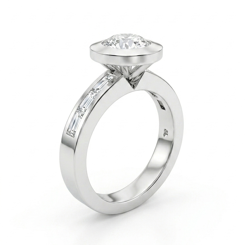 Bezel Set Round Brilliant Cut with Channel Set Baguette Diamonds