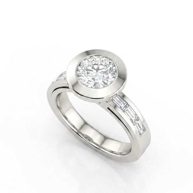 Bezel Set Round Brilliant Cut with Channel Set Baguette Diamonds