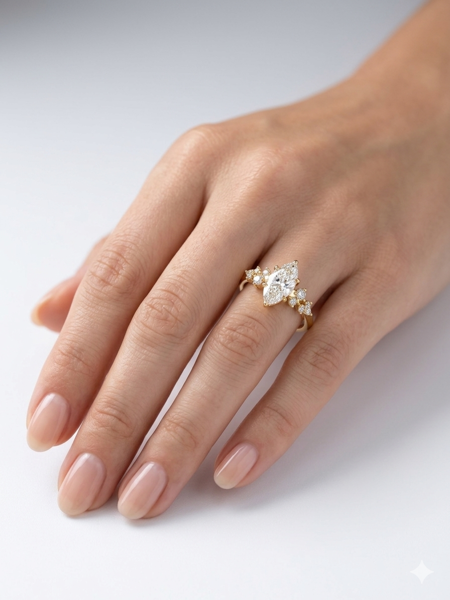Marquise with Round Brilliant Cut Cluster settings down the Shank