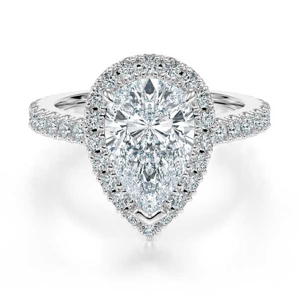 Pear Cut with Halo and Shoulder Diamonds set in a Cathedral Shank