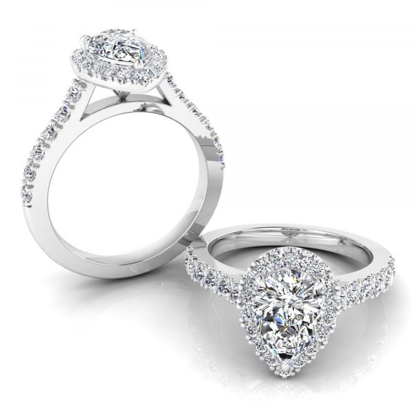 Pear Cut with Halo and Shoulder Diamonds set in a Cathedral Shank