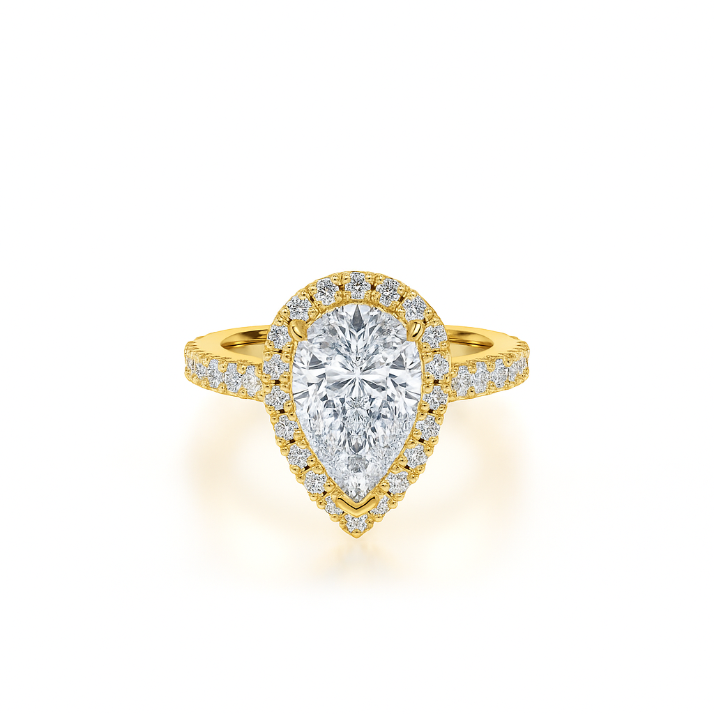 Pear Cut with Halo and Shoulder Diamonds set in a Cathedral Shank