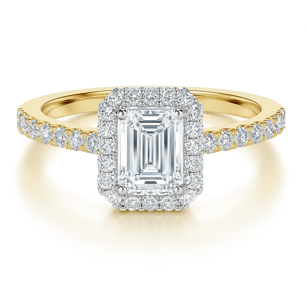 Emerald Cut with Halo and Shoulder Diamonds set in a Cathedral Shank