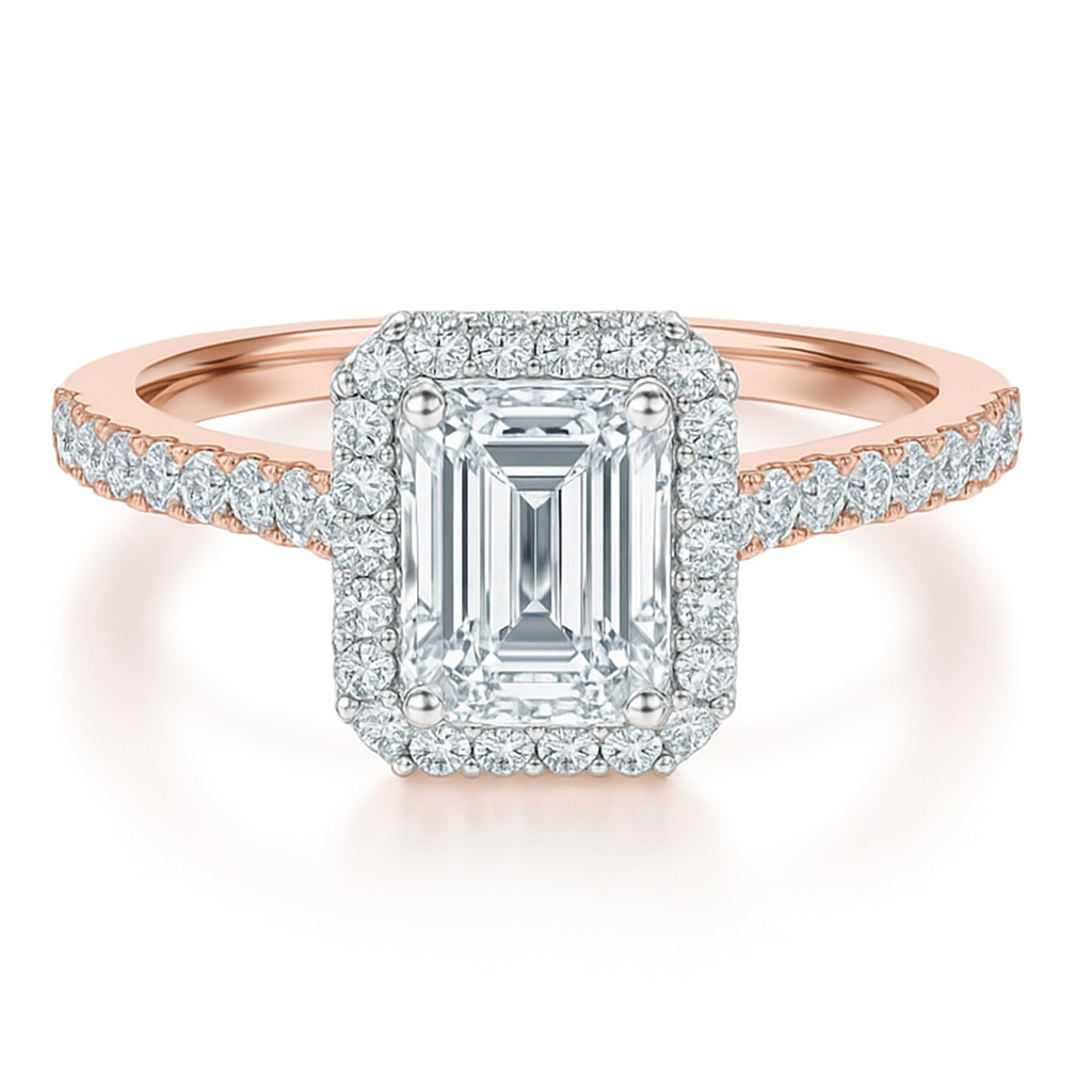 Emerald Cut with Halo with a Hidden Diamond Setting and Solid Shoulder Diamond Band