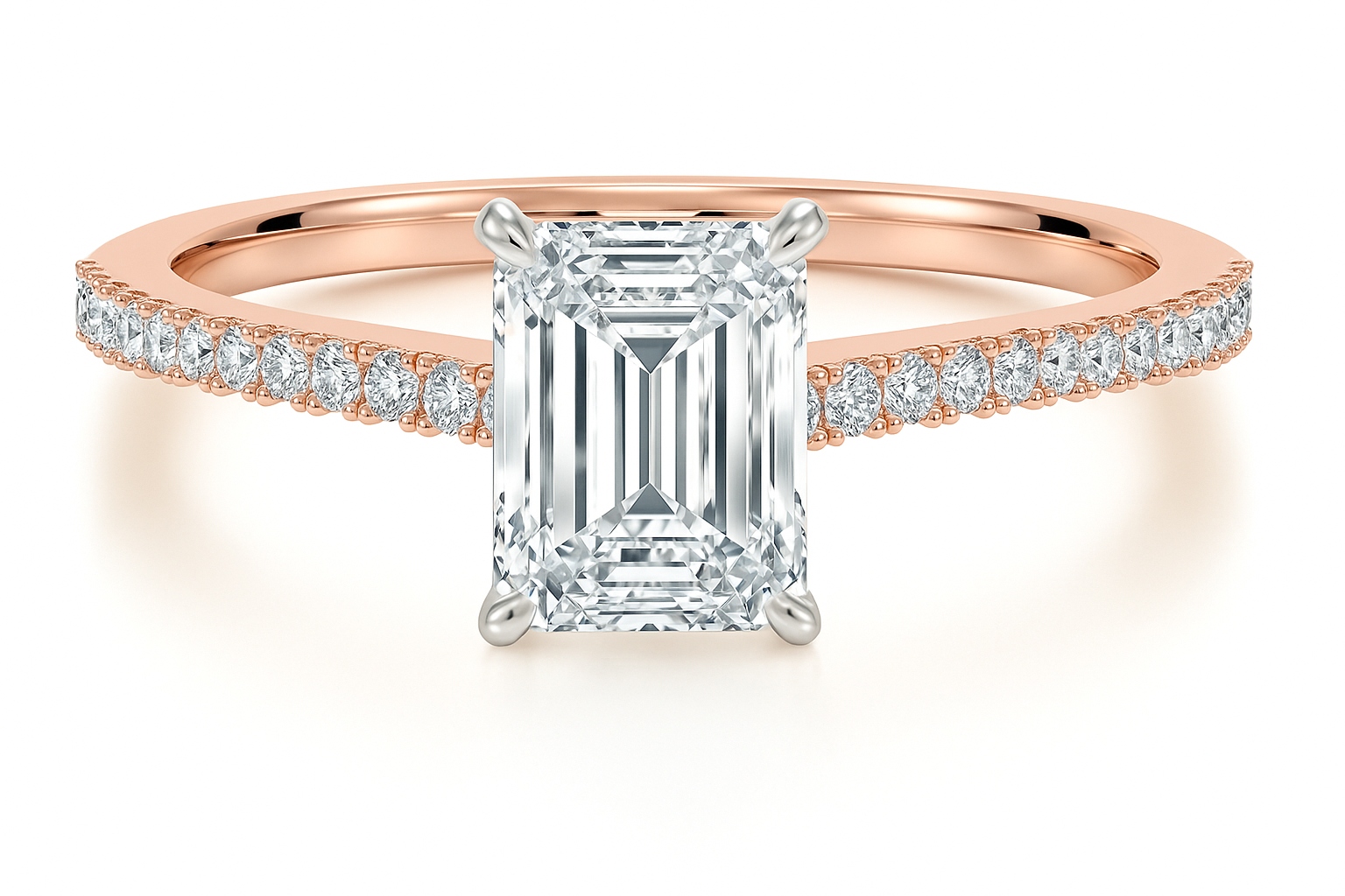 Emerald Cut with Shoulder Diamonds set in a Cathedral Shank