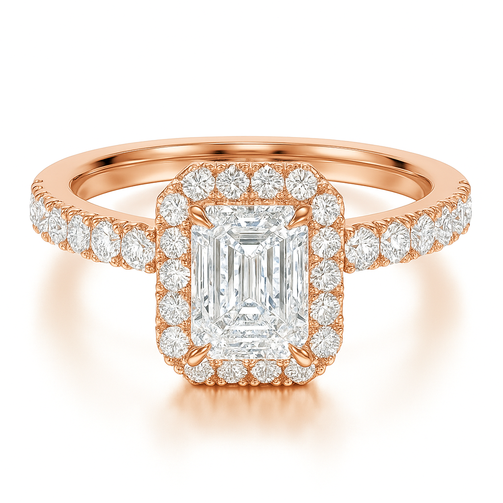 Emerald Cut with Halo and Solid Shoulder Diamond Band
