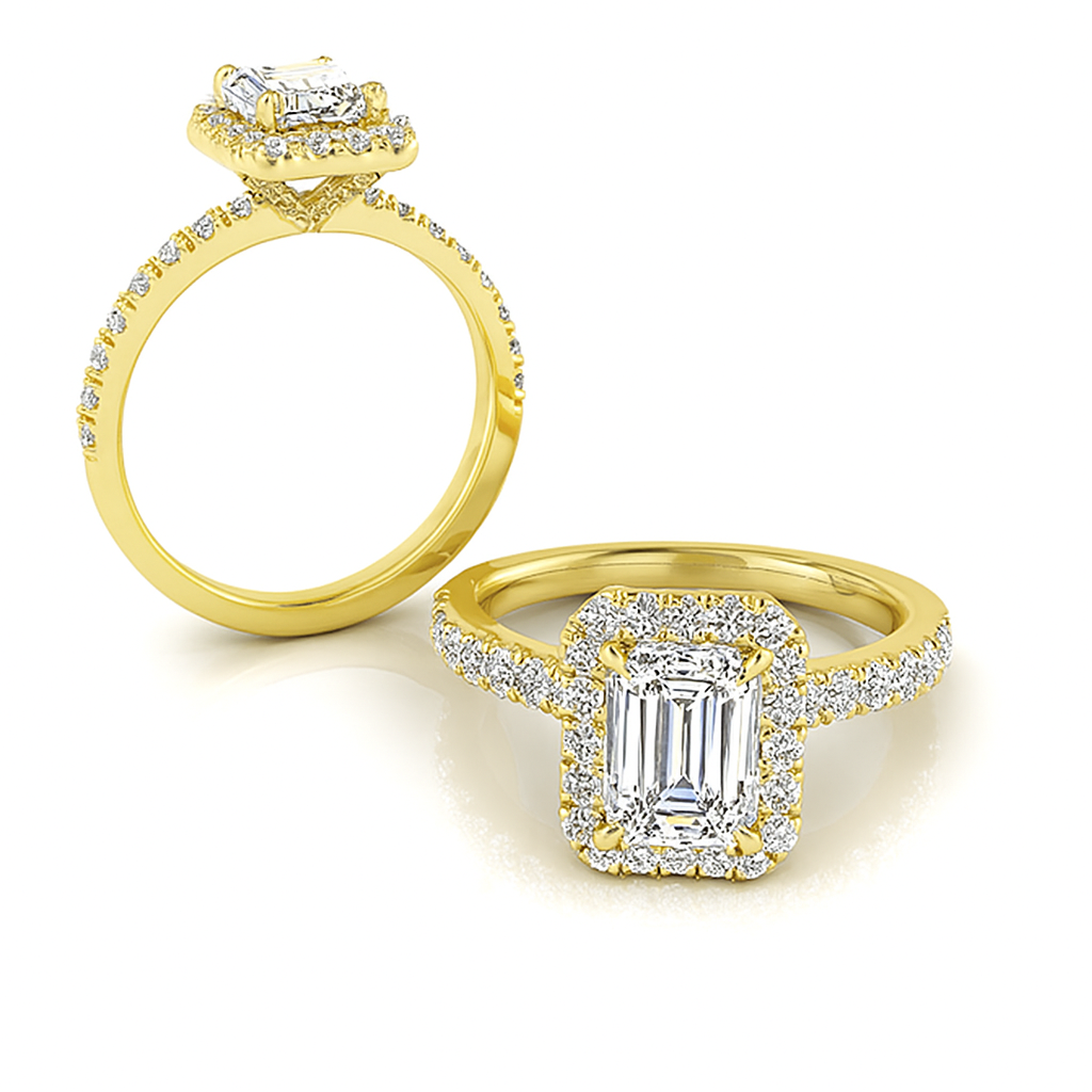 Emerald Cut with Halo with a Hidden Diamond Setting and Solid Shoulder Diamond Band