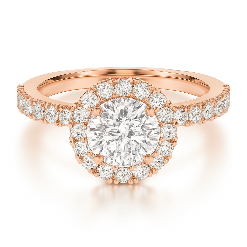 Round Brilliant Cut with a Raised Halo Setting on a Solid Shoulder Diamond Band