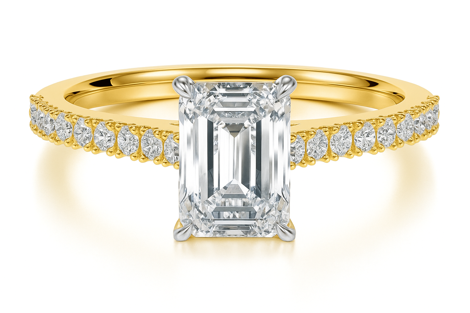 Emerald Cut with Shoulder Diamonds set in a Cathedral Shank