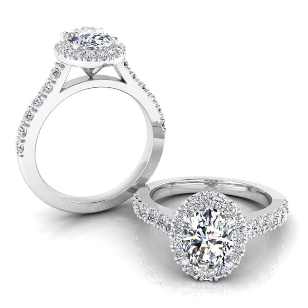 Oval Cut with Halo and Shoulder Diamonds set in a Cathedral Shank