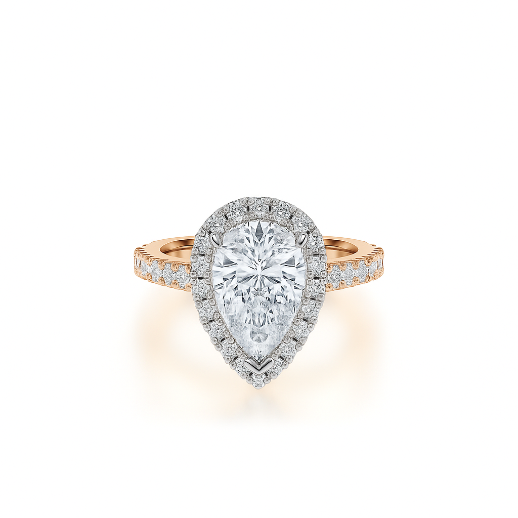 Pear Cut with Halo and Shoulder Diamonds set in a Cathedral Shank